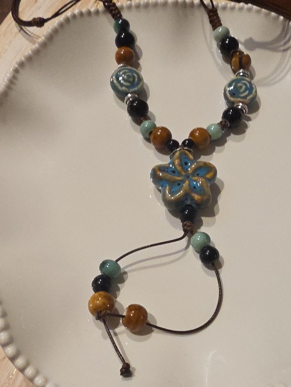 New! Earthy Ceramic Flower Necklace | Beaded Adjustable Wax Cord | NWOT (1055kl)